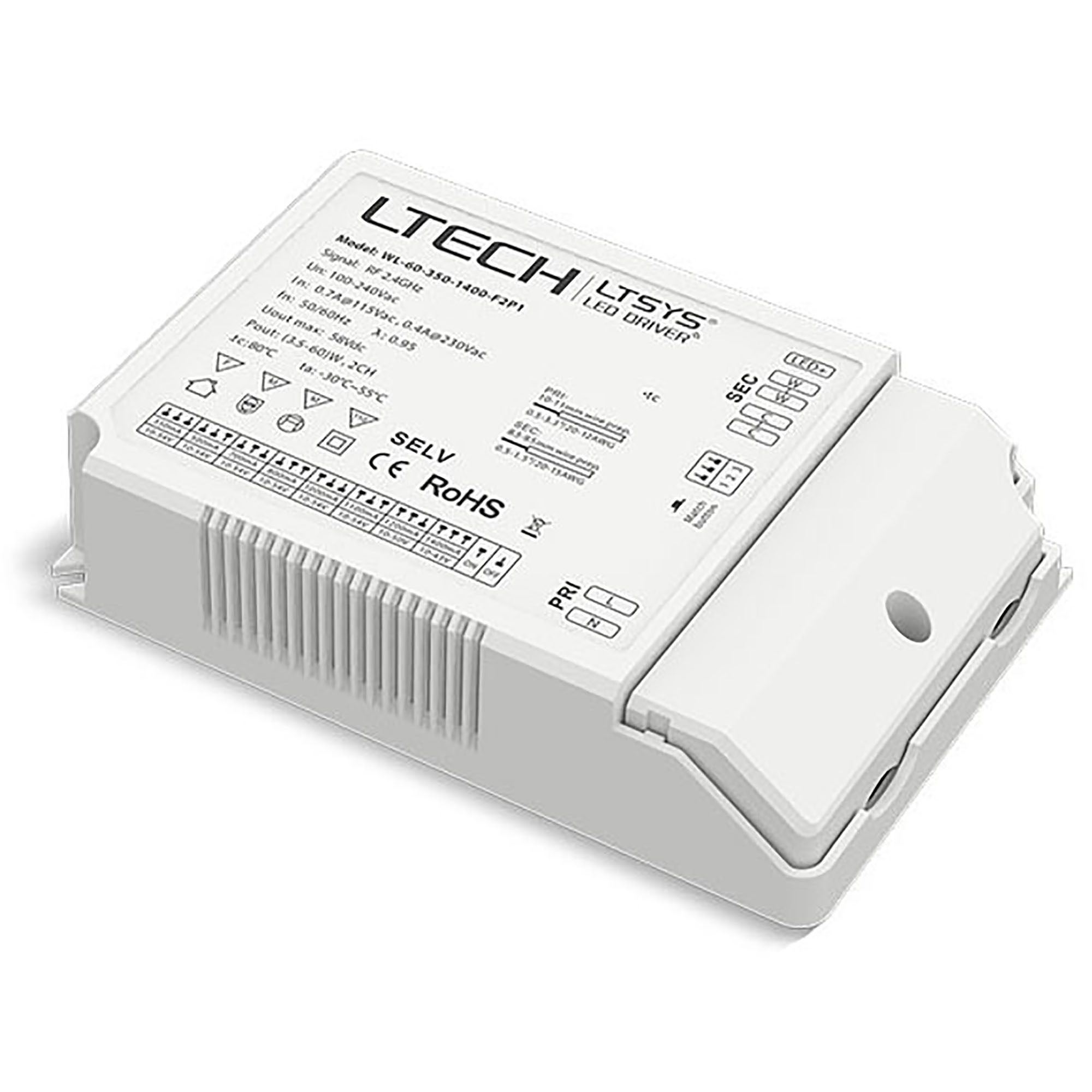 WL-60-350-1400-F2P1  RF 2.4GHz, PWM digital Dimming , Constant Current 60W 10-54Vdc 350-1400mA O/P, 100-240Vac I/P, IP20.